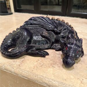 VTG FIGURAL DRAGON MYTHICAL CANDLE BLACK RED EYES 9”.